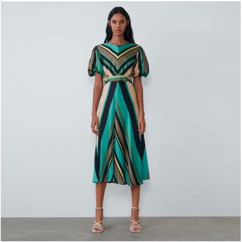 Zara Midi Dress Chevron Striped Silky Tie Waist Size Small
